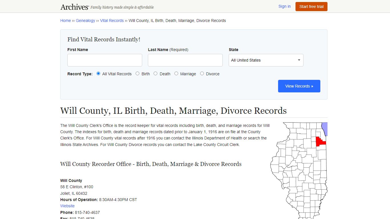 Will County, IL Birth, Death, Marriage, Divorce Records